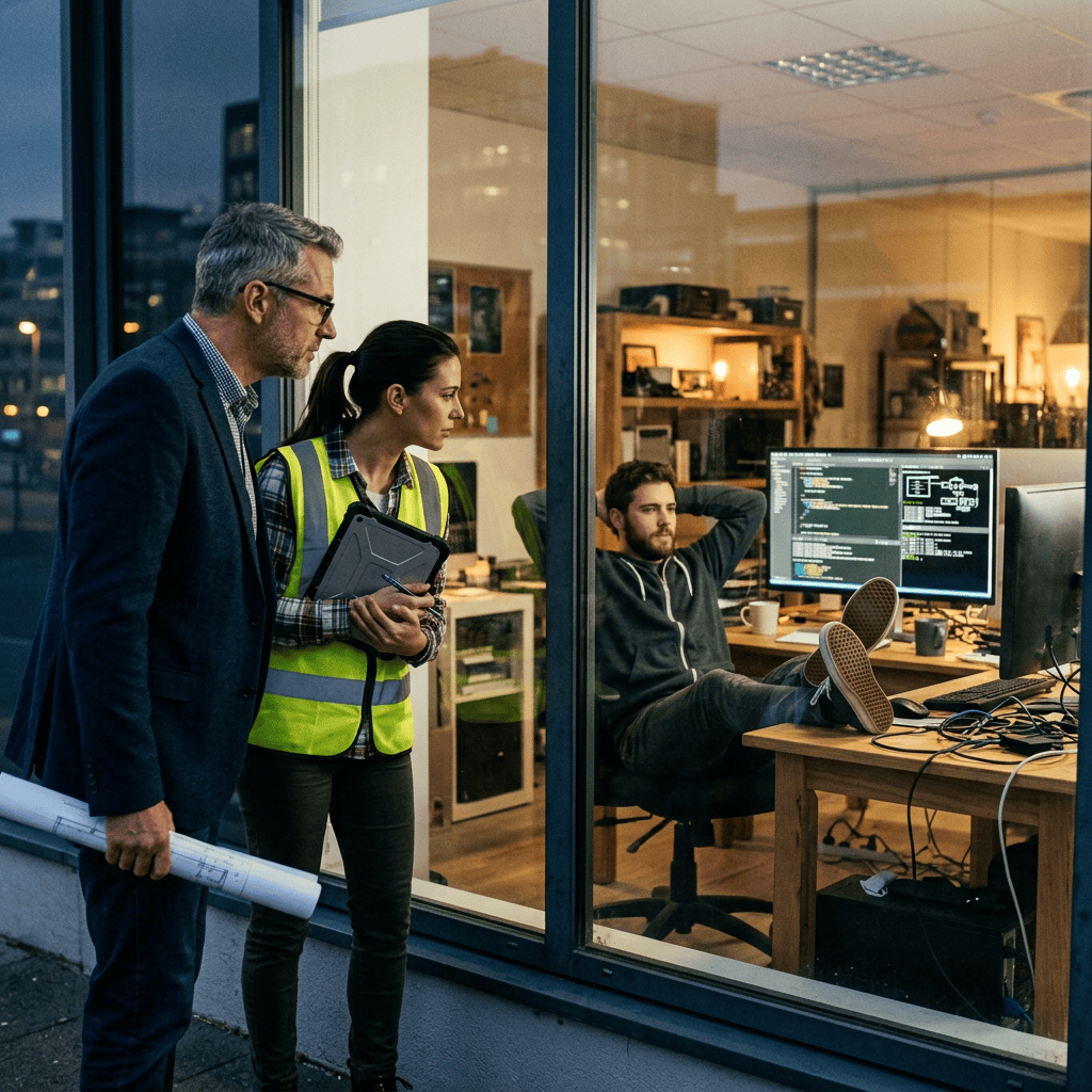 Two professionals inspect a glass-walled office with a programmer at a computer